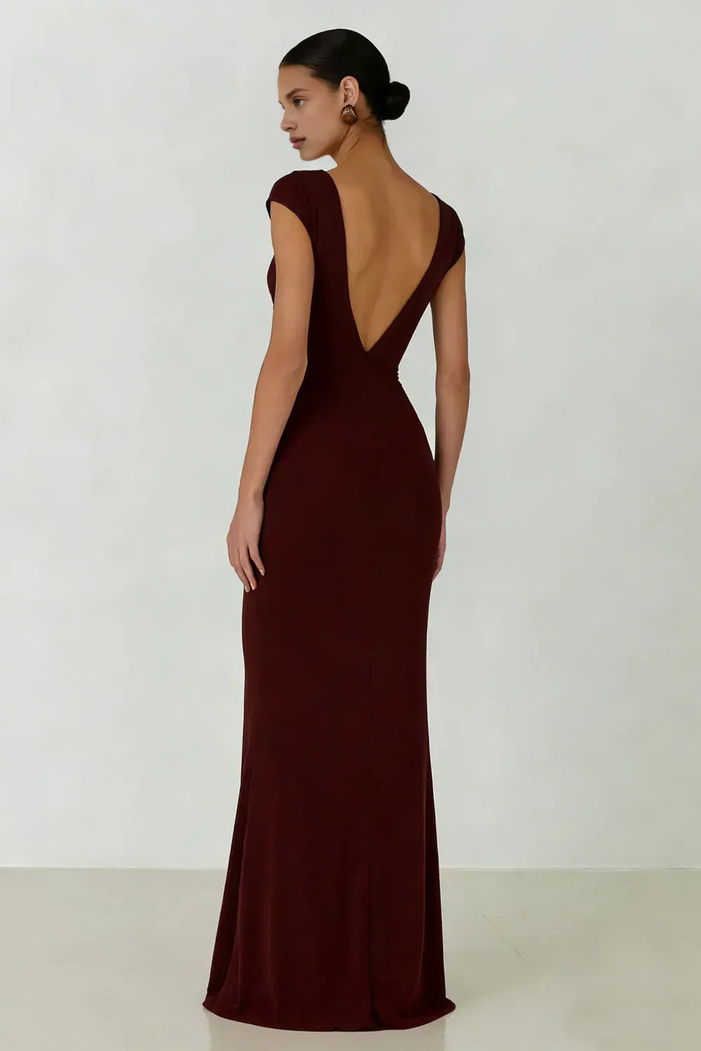 Mermaid V-Neck Short Sleeves V Back Pleated Floor-Length Prom Dress