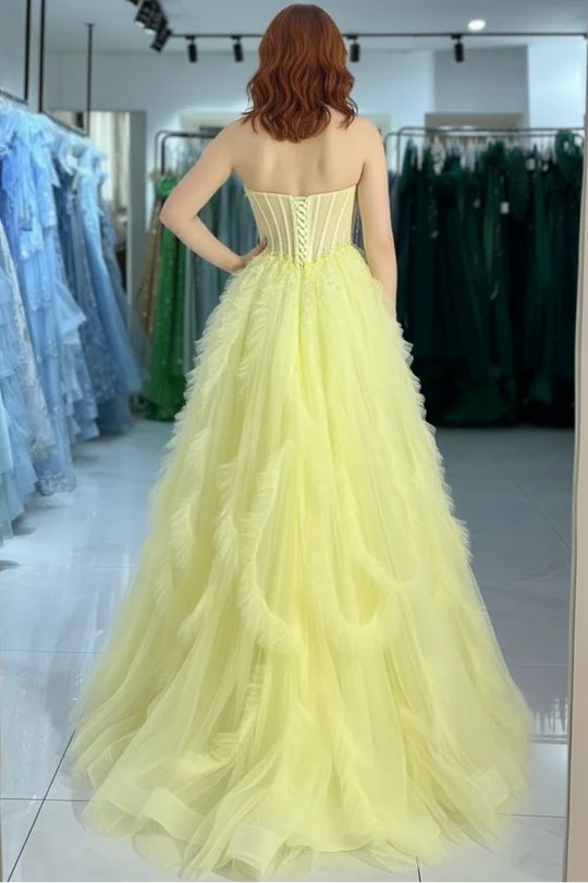 Feathery Tulle A-Line Strapless Sweetheart Lace-Up-Back Floor-Length Prom Dress