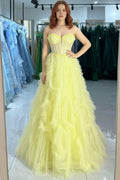 Feathery Tulle A-Line Strapless Sweetheart Lace-Up-Back Floor-Length Prom Dress