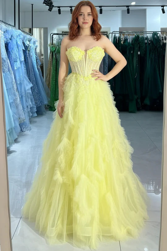 Feathery Tulle A-Line Strapless Sweetheart Lace-Up-Back Floor-Length Prom Dress