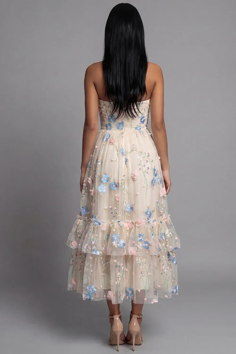 Feminine A-Line Strapless Sleeveless 3D Floral Midi Cocktail Dress