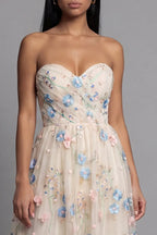 Feminine A-Line Strapless Sleeveless 3D Floral Midi Cocktail Dress
