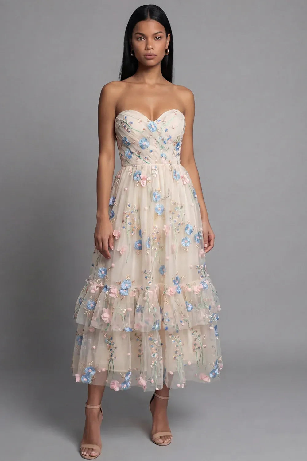 Feminine A-Line Strapless Sleeveless 3D Floral Midi Cocktail Dress