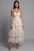 Feminine A-Line Strapless Sleeveless 3D Floral Midi Cocktail Dress