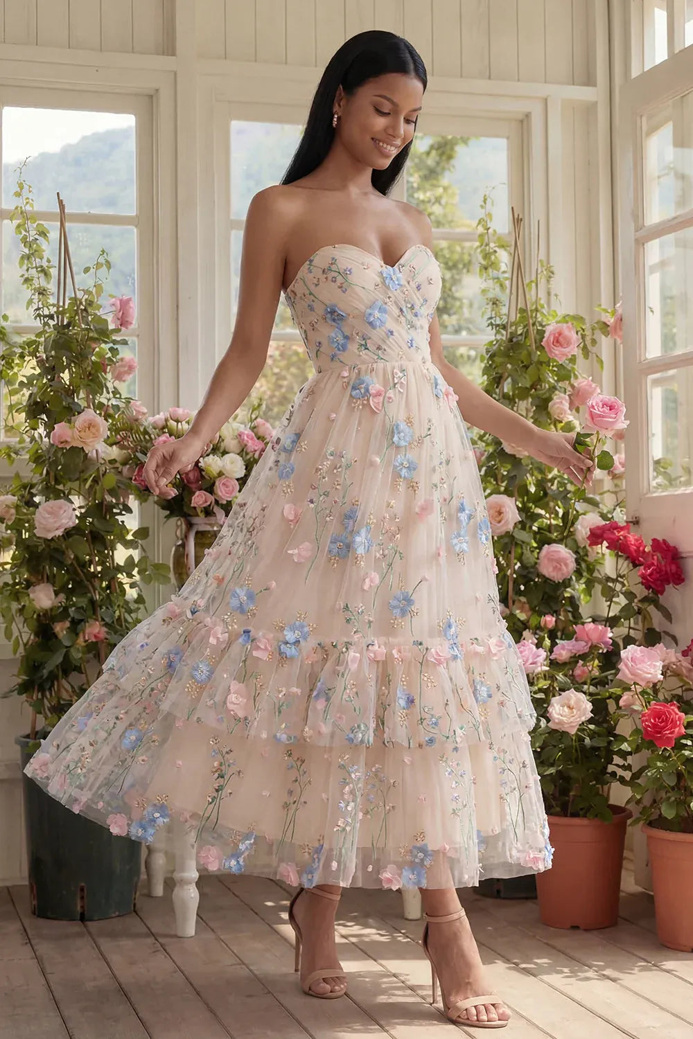 Feminine A-Line Strapless Sleeveless 3D Floral Midi Cocktail Dress