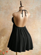 Black Flared A-line Halter Neck Spaghetti Strap Tie Mini Summer Homecoming Dress