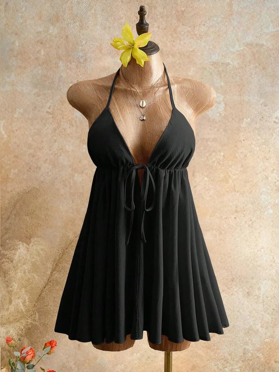 Black Flared A-line Halter Neck Spaghetti Strap Tie Mini Summer Homecoming Dress