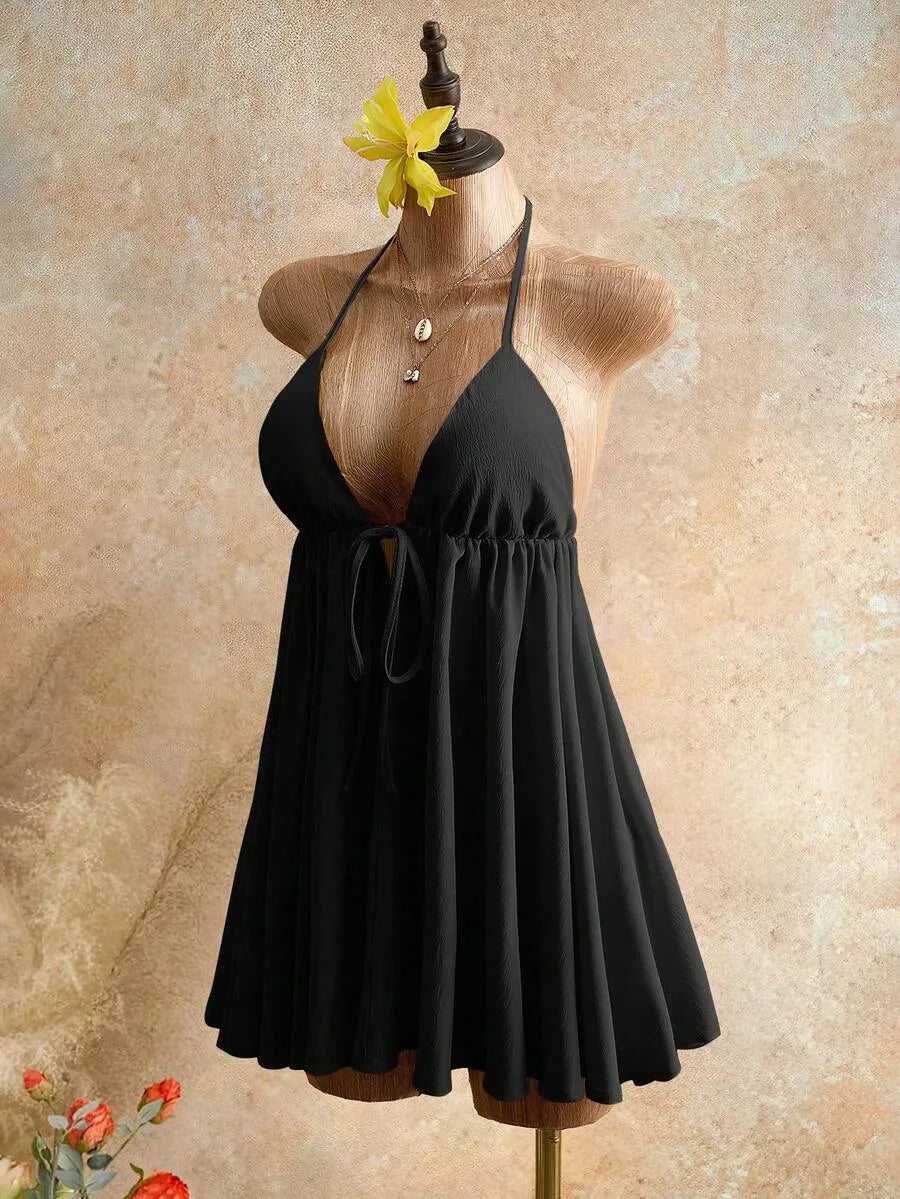 Black Flared A-line Halter Neck Spaghetti Strap Tie Mini Summer Homecoming Dress