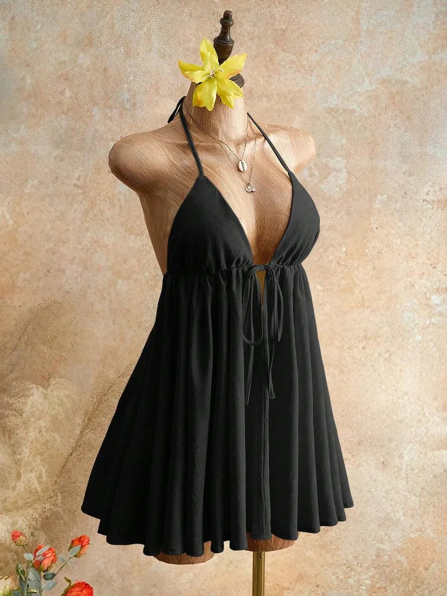 Black Flared A-line Halter Neck Spaghetti Strap Tie Mini Summer Homecoming Dress