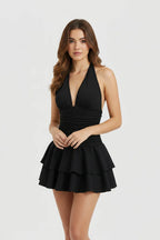 Black Flared Halter V-neck Ruched Tiered Ruffle Open Back Mini Homecoming Dress