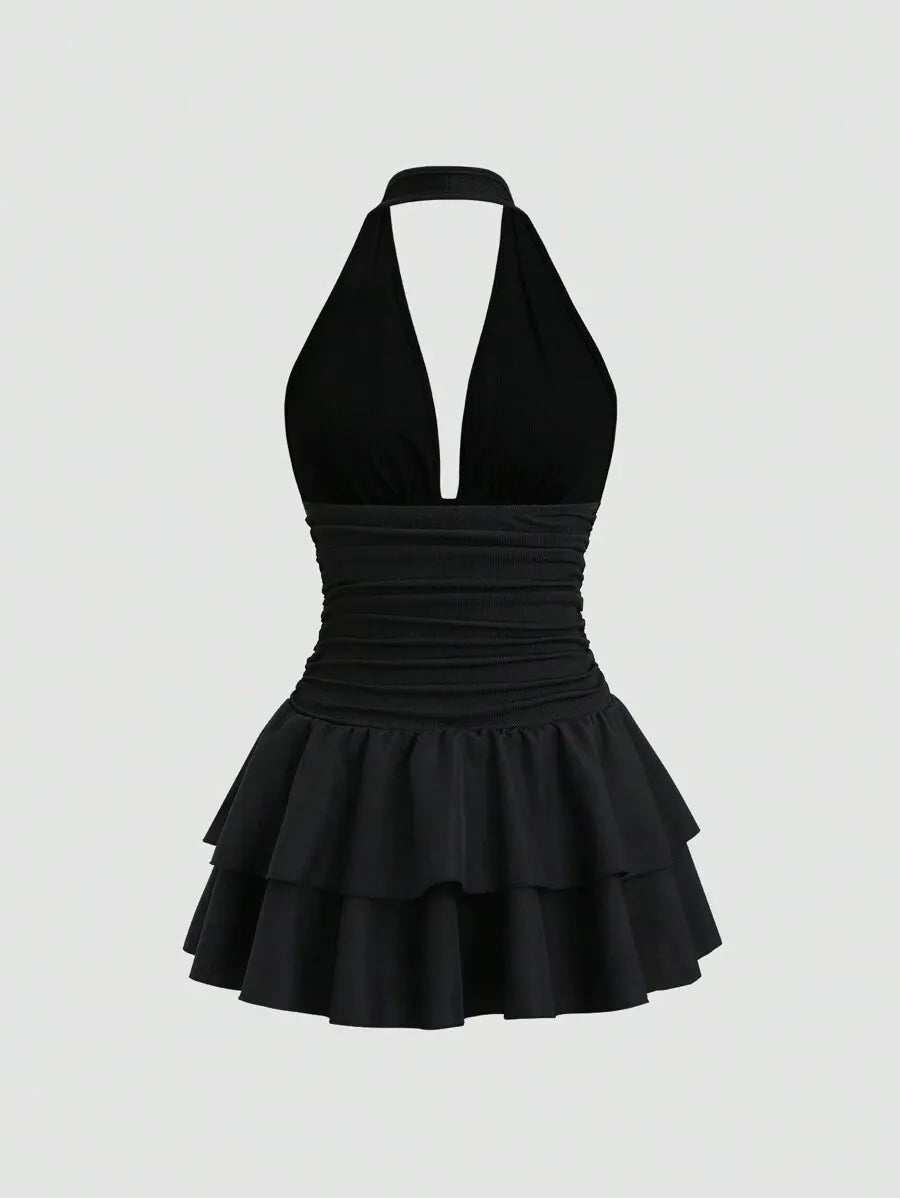 Black Flared Halter V-neck Ruched Tiered Ruffle Open Back Mini Homecoming Dress