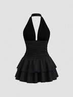 Black Flared Halter V-neck Ruched Tiered Ruffle Open Back Mini Homecoming Dress