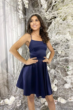 Flirty A-Line Spaghetti Strap Sleeveless Mini Homecoming Dress
