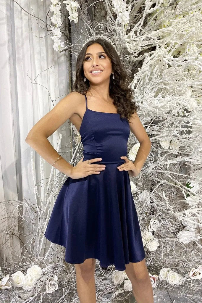 Flirty A-Line Spaghetti Strap Sleeveless Mini Homecoming Dress