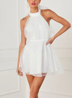 White Flirty A-Line Halter Tie Bow Open Back Mini Homecoming Dress Hot Sale
