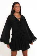 Black Flirty A-Line Tie-V Neck Long Sleeve Ruffle Bell Mini Homecoming Dress