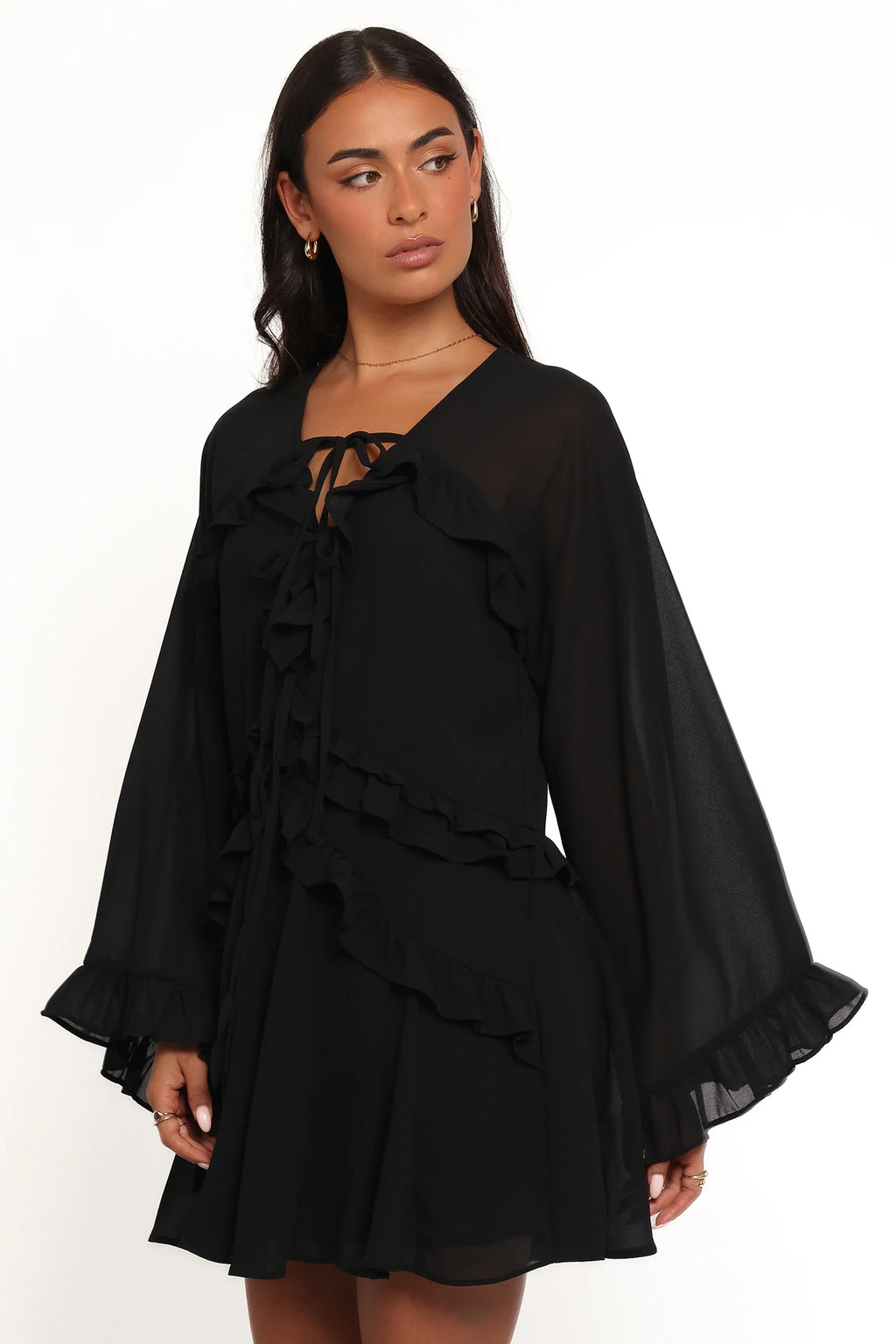 Black Flirty A-Line Tie-V Neck Long Sleeve Ruffle Bell Mini Homecoming Dress