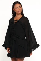 Black Flirty A-Line Tie-V Neck Long Sleeve Ruffle Bell Mini Homecoming Dress