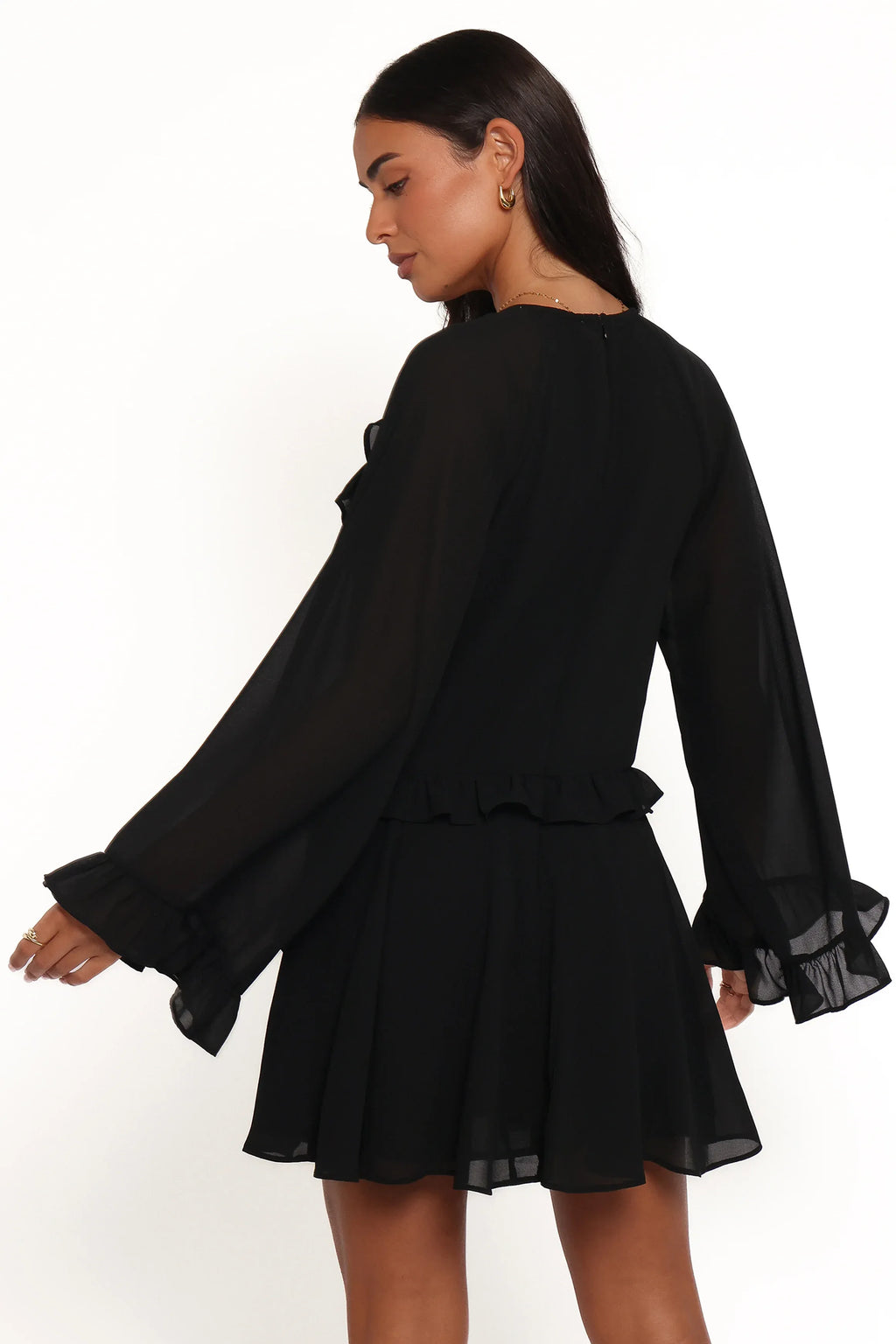 Black Flirty A-Line Tie-V Neck Long Sleeve Ruffle Bell Mini Homecoming Dress