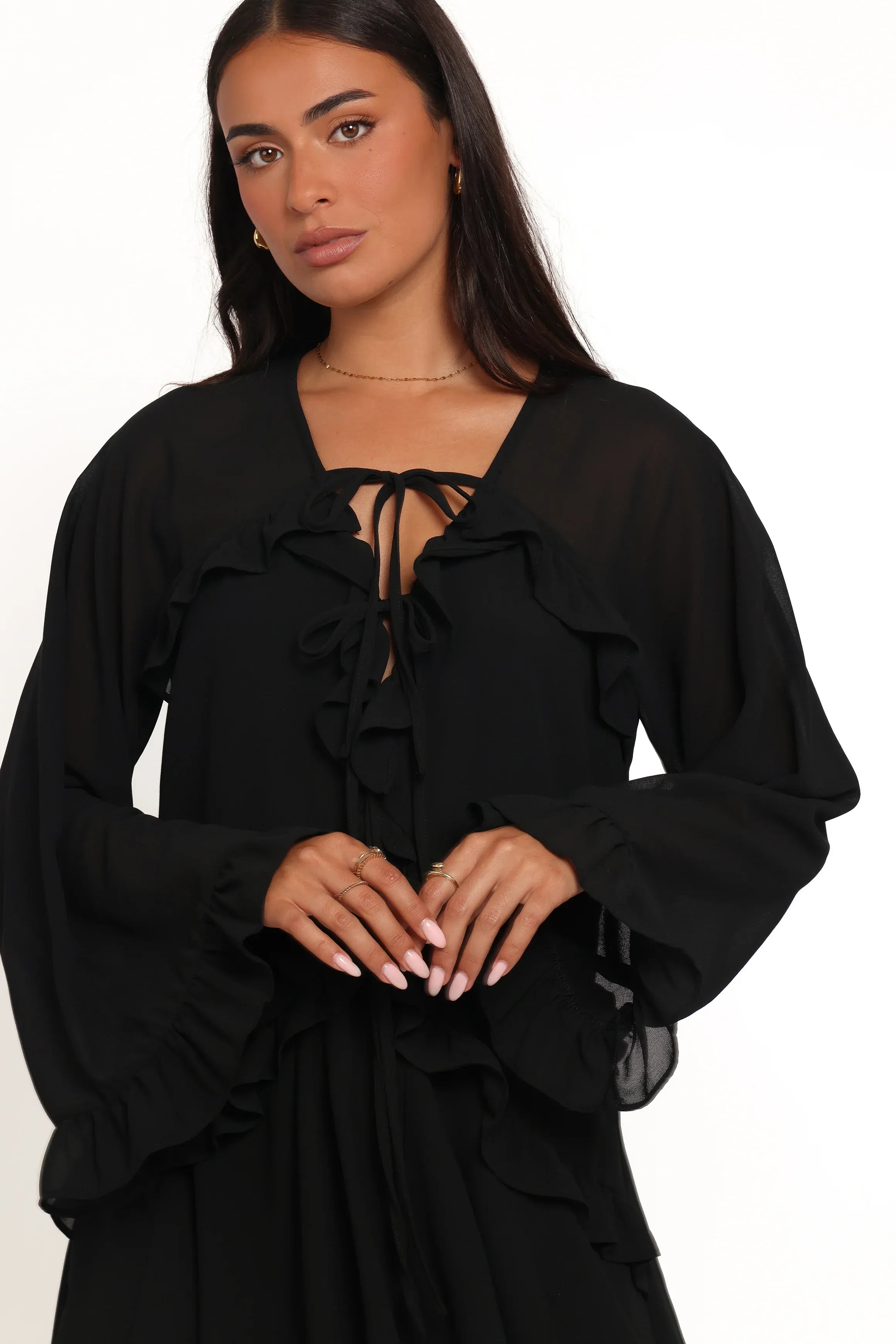 Black Flirty A-Line Tie-V Neck Long Sleeve Ruffle Bell Mini Homecoming Dress
