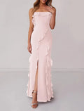 Flirty Mermaid Spaghetti Strap Ruffled Chiffon Blush Prom Dress With Slit