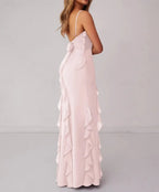 Flirty Mermaid Spaghetti Strap Ruffled Chiffon Blush Prom Dress With Slit