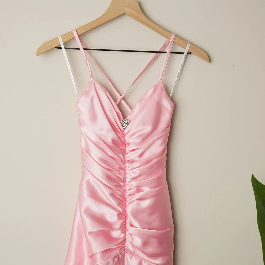 Flirty Pink Mermaid Tea Length Prom Dress With Spaghetti Straps Ruched Bodice Rhinestone Accent Lace Up Back For Prom