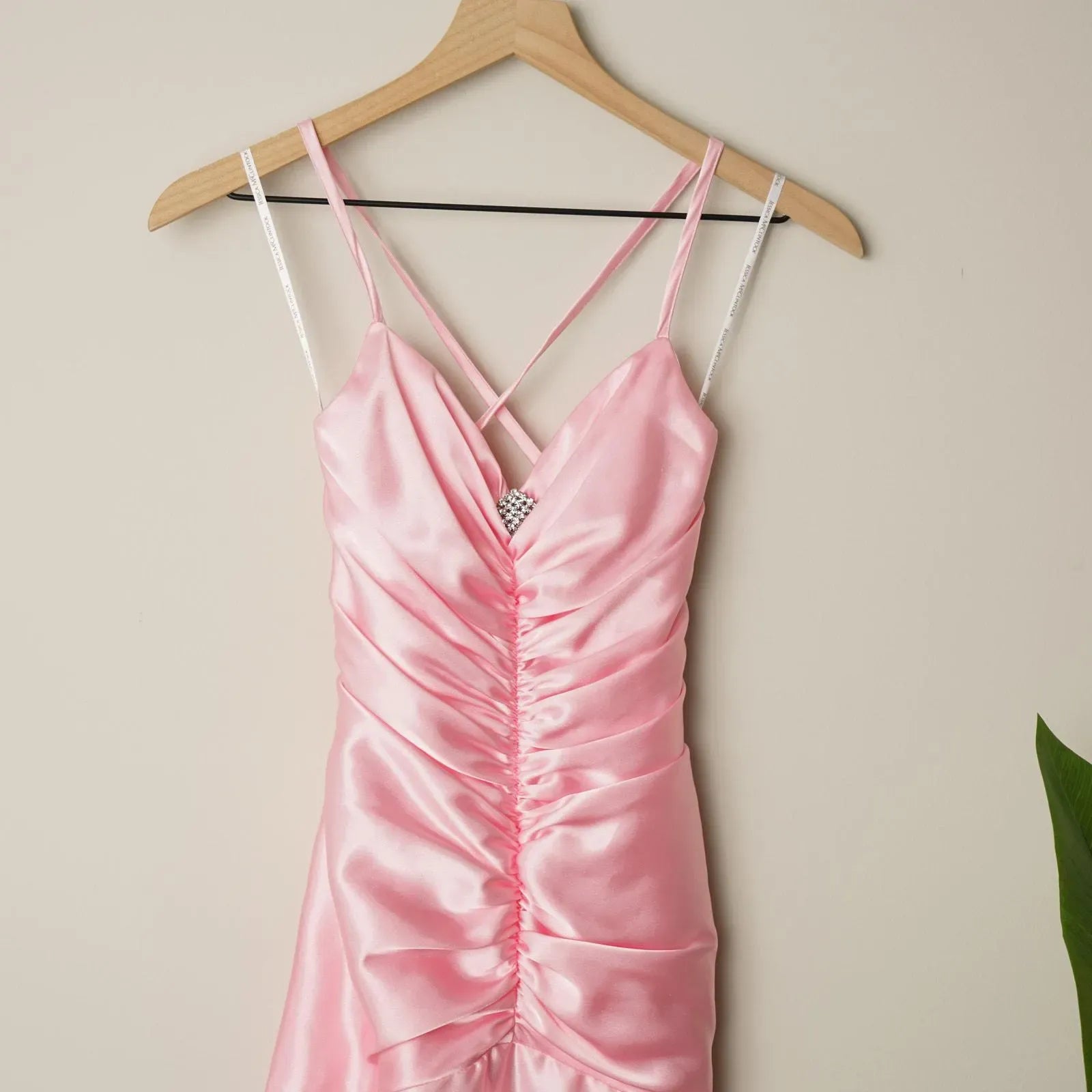 Flirty Pink Mermaid Tea Length Prom Dress With Spaghetti Straps Ruched Bodice Rhinestone Accent Lace Up Back For Prom