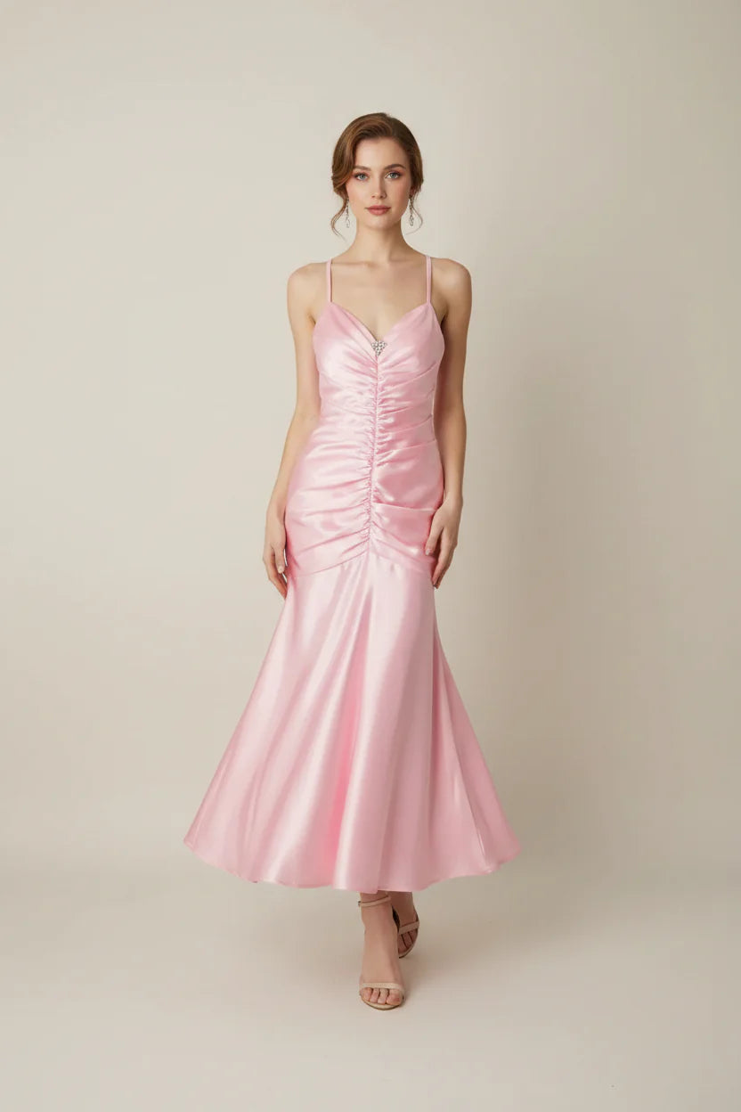 Flirty Pink Mermaid Tea Length Prom Dress With Spaghetti Straps Ruched Bodice Rhinestone Accent Lace Up Back For Prom