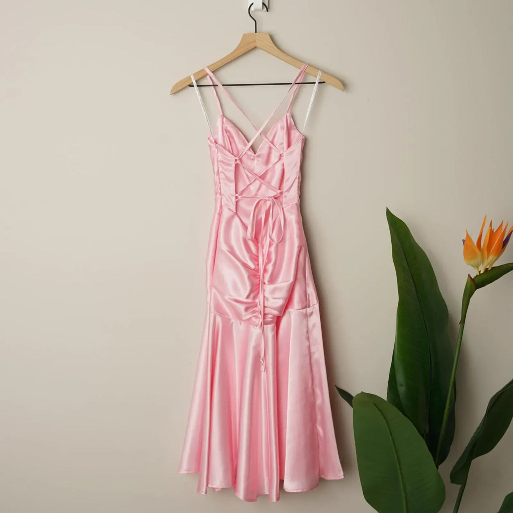 Flirty Pink Mermaid Tea Length Prom Dress With Spaghetti Straps Ruched Bodice Rhinestone Accent Lace Up Back For Prom