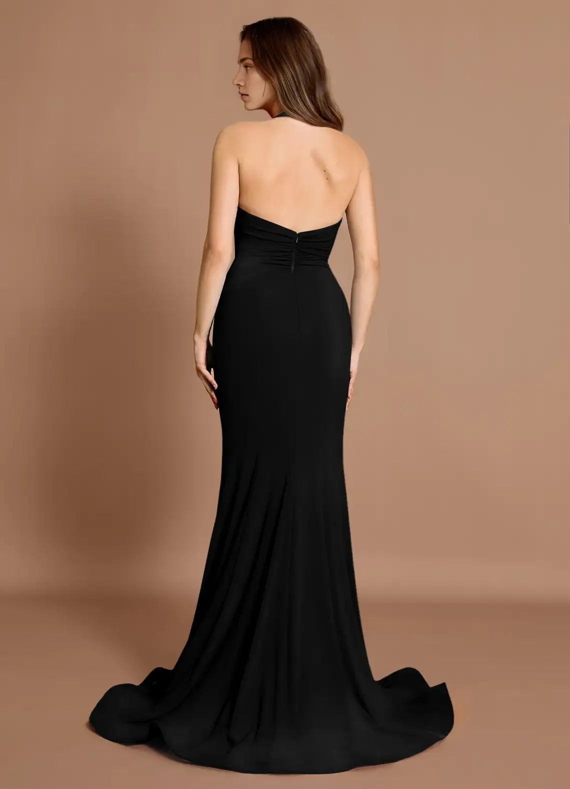Floral Accent Halter Chiffon Mermaid Open Back Train Floor Length For Ladies Prom Dress