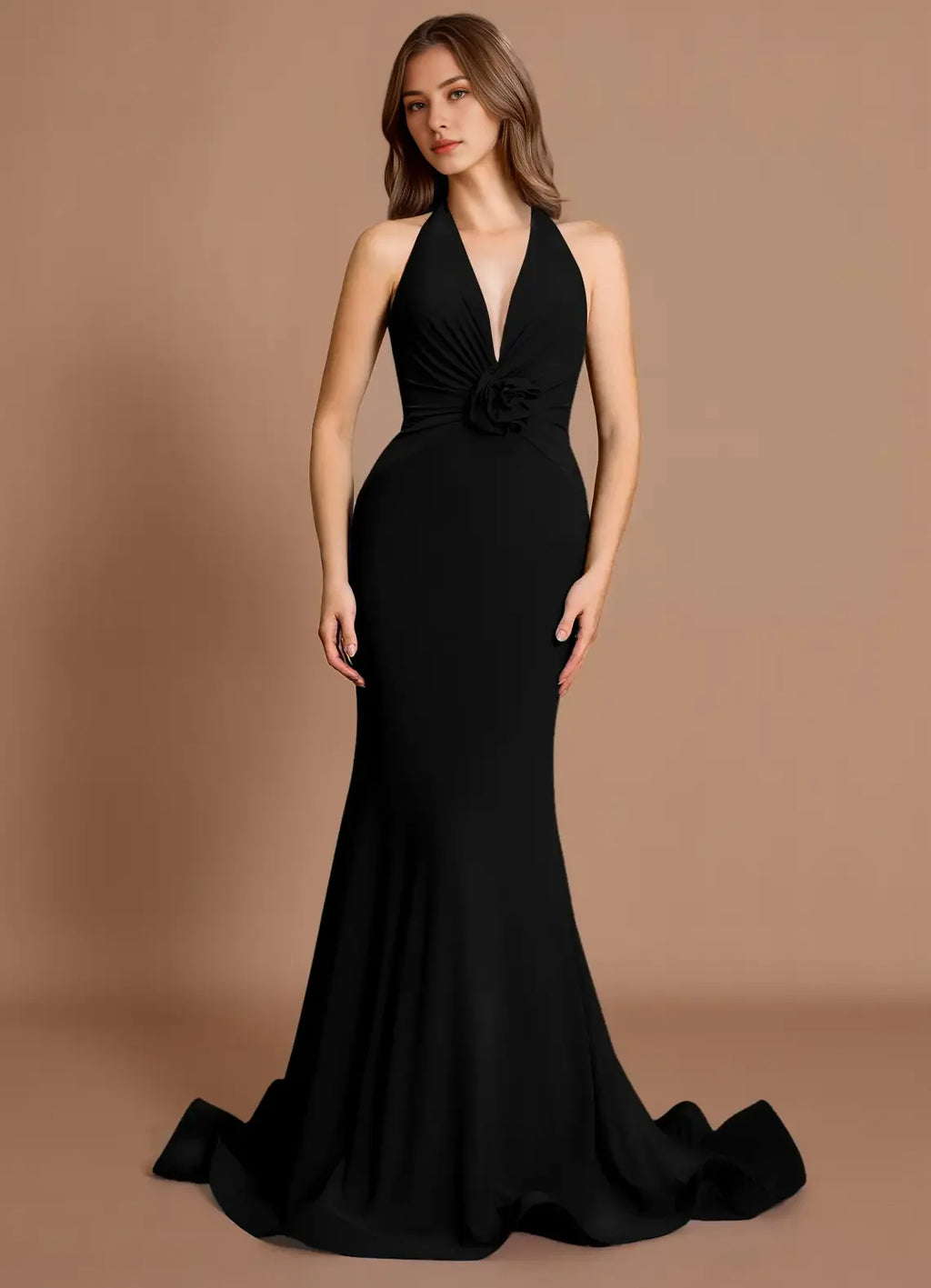Floral Accent Halter Chiffon Mermaid Open Back Train Floor Length For Ladies Prom Dress