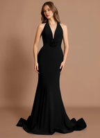 Floral Accent Halter Chiffon Mermaid Open Back Train Floor Length For Ladies Prom Dress