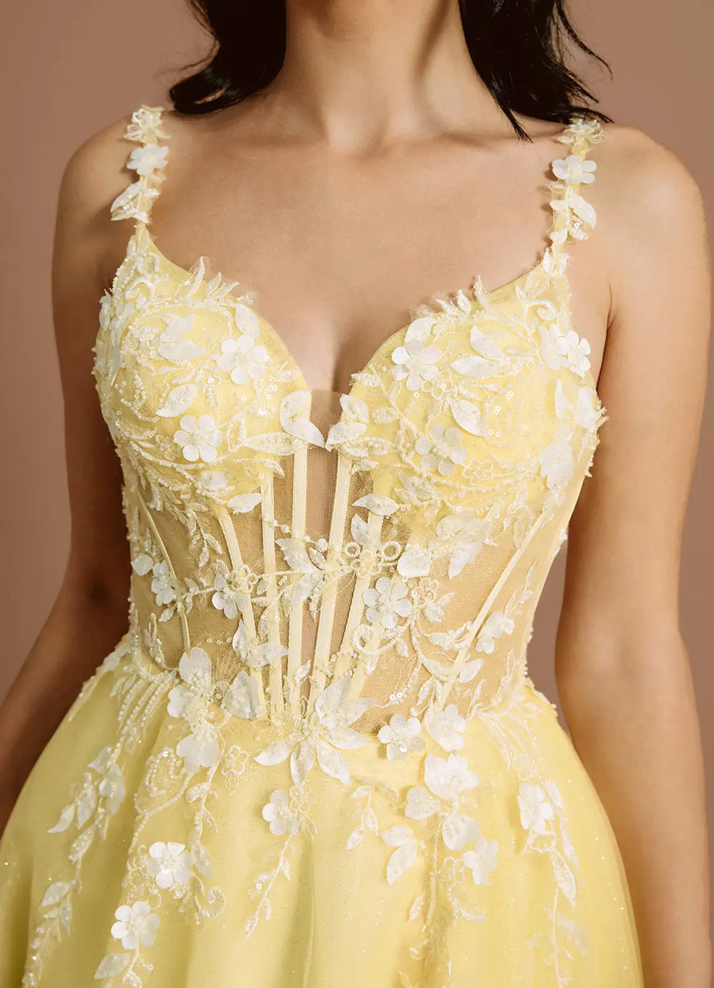Floral Appliqué Spaghetti Strap Ballgown Lace Up Back Floor Length Hot sale Prom Dress