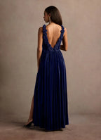 Floral Trim V Neck Velvet A Line Open Back High Slit Floor Length For Ladies Prom Dress