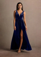 Floral Trim V Neck Velvet A Line Open Back High Slit Floor Length For Ladies Prom Dress