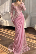 Floral Lace Mermaid Square-Neck Long-Sleeve Lace-Up-Back Floor-Length Prom Dress