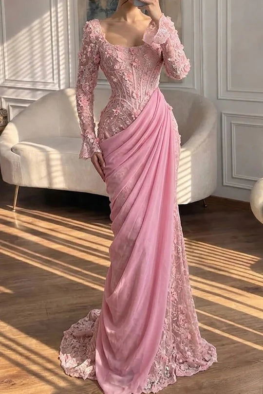 Floral Lace Mermaid Square-Neck Long-Sleeve Lace-Up-Back Floor-Length Prom Dress