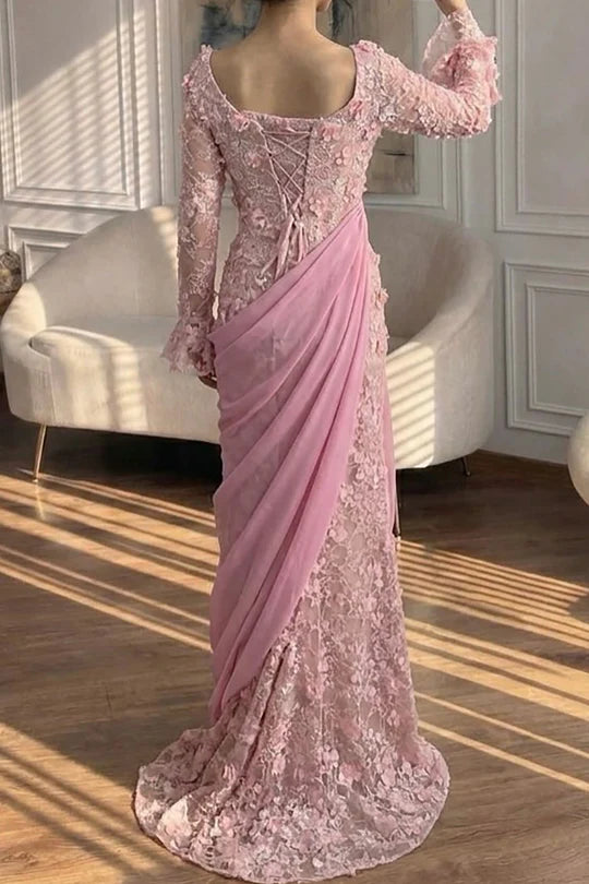 Floral Lace Mermaid Square-Neck Long-Sleeve Lace-Up-Back Floor-Length Prom Dress