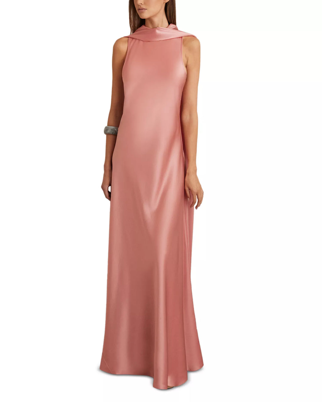 Flowing A Line Halter Neck Sleeveless Cape Back Floor Length Hot Sale Prom Dress