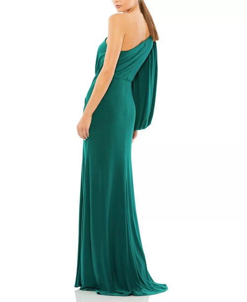 Vestito da ballo da sera a trapezio fluido monospalla con manica asimmetrica, schiena scoperta e strascico in vendita