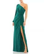 Flowing A Line One Shoulder Asymmetrical Sleeve Open Back Train Length For Sale Prom Dress