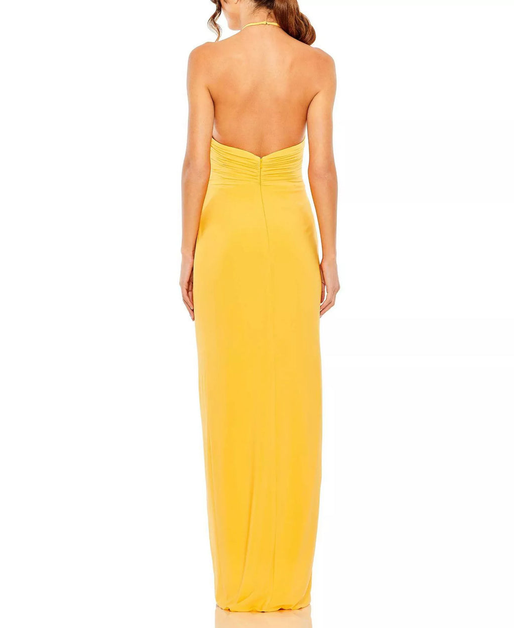 Flowing Halter Neck Ruched Front Open Back Slit Hem Floor Length For Adults Prom Dress