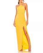 Flowing Halter Neck Ruched Front Open Back Slit Hem Floor Length For Adults Prom Dress