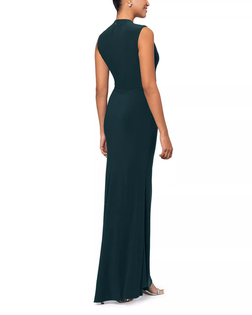 Robe de bal longue pour femme, fourreau fluide, col montant, sans manches, fermeture éclair au dos