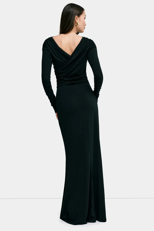 Robe de bal longue trompette à col bateau, manches longues et dos cache-cœur pour adultes