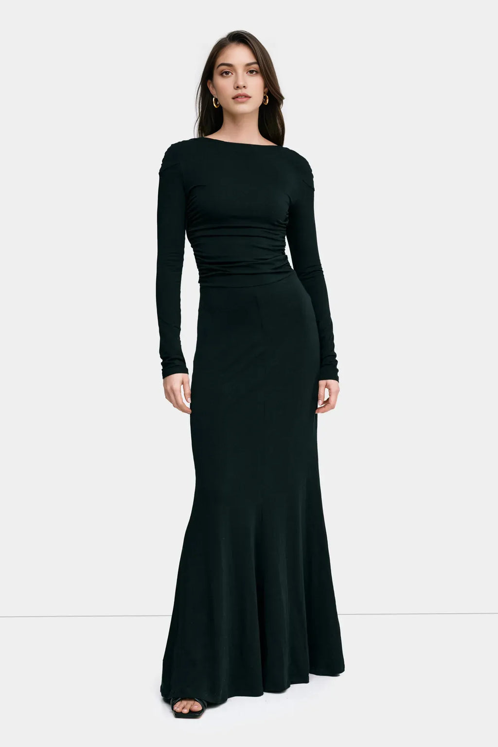 Flowing Trumpet Boat Neck Long Sleeve Wrap Back Floor Length For Adults Prom Dress