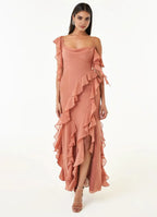 Flowy A Line Square Neck Ruffled Cold Shoulder Open Back Floor Length For Sale Prom Dress
