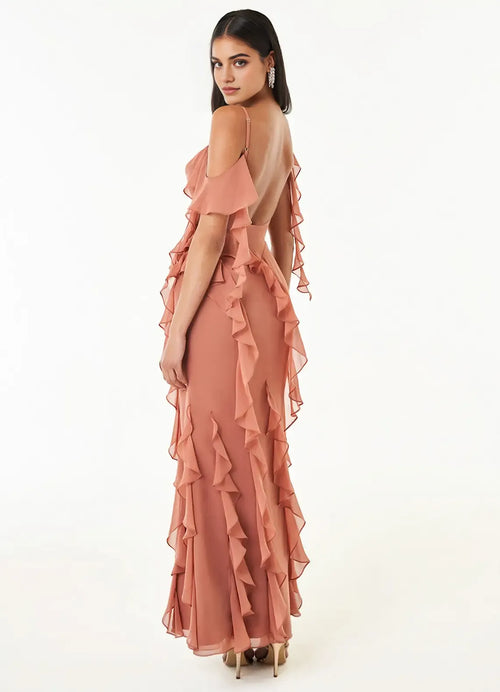 Flowy A Line Square Neck Ruffled Cold Shoulder Open Back Floor Length For Sale Prom Dress