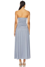 Flowy Sheath Strapless Sleeveless Ruched Bodice Midi Evening Dress